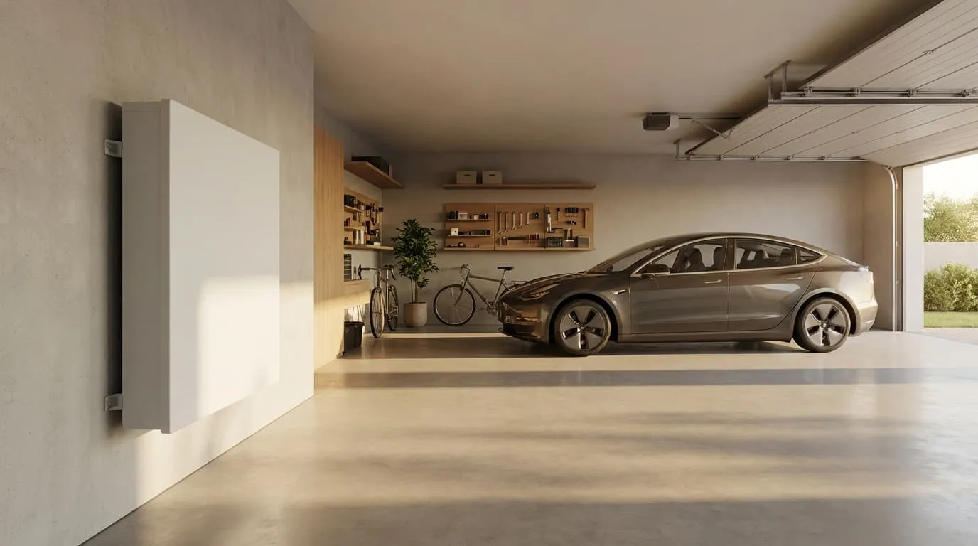 Moderner Stromspeicher in Garage mit E-Auto