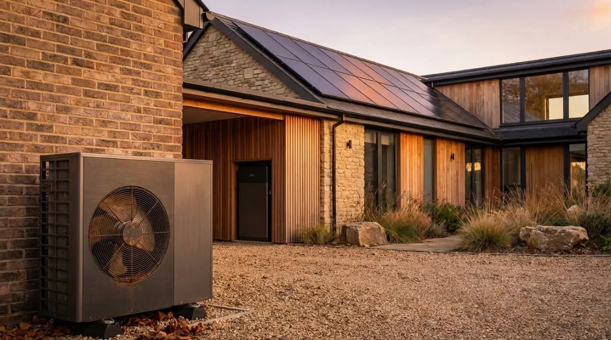 Wärmepumpe vor modernem Einfamilienhaus mit Solaranlage